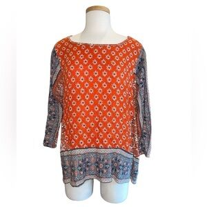 Lucky Brand Women's Blouse Size XL Red/Black/Blue/Cream Pullover Long Sleeve